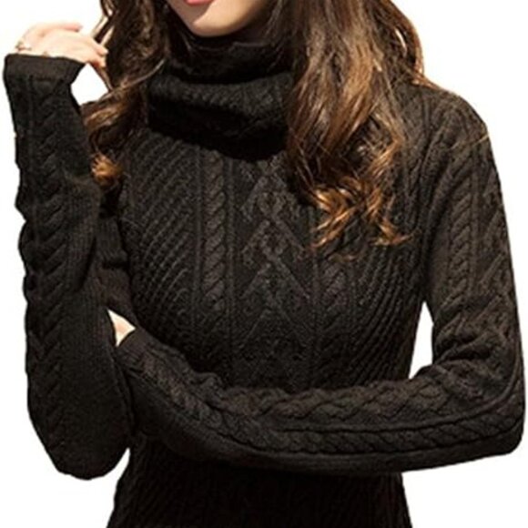 V28 Women Long Slim Fitted Dress Bodycon Turtleneck Cable Knit Sweater Black L - Picture 1 of 6